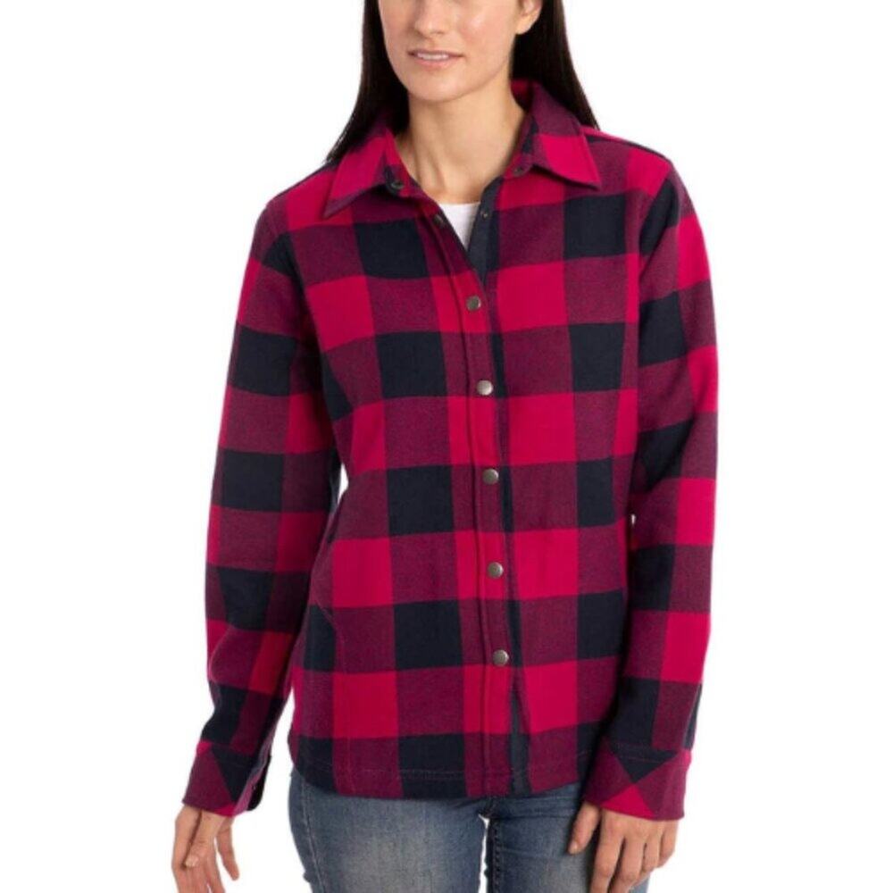 Orvis Flannel Fleece Lined Pink Navy Plaid Snap Button Down Cozy - Size M
